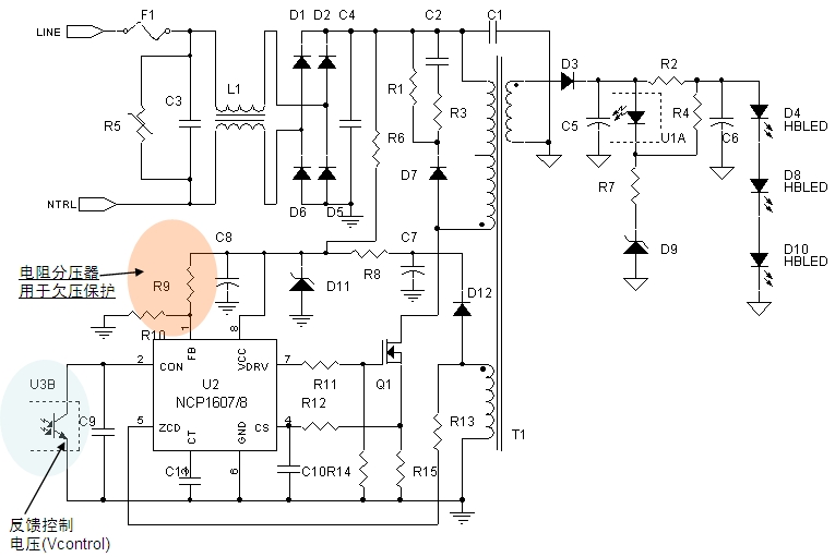 圖4：基於NCP1607/8 PFC控製器的8 W-25 W AC-DC LED照明應用示意圖