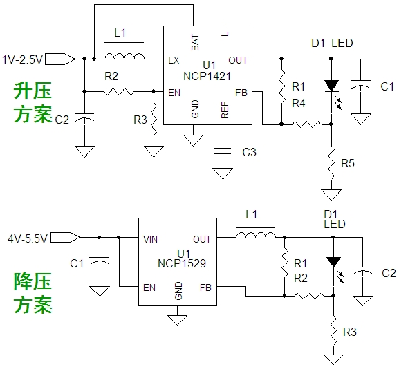 圖7：基於NCP1421及NCP1529的LED手電筒升壓和降壓方案