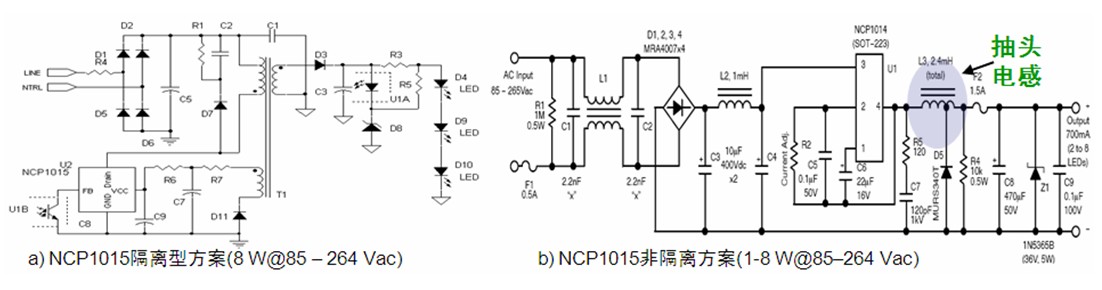 圖1：基於安森美半導體NCP1015的1至8 W隔離型(a)及非隔離型(b) LED照明方案