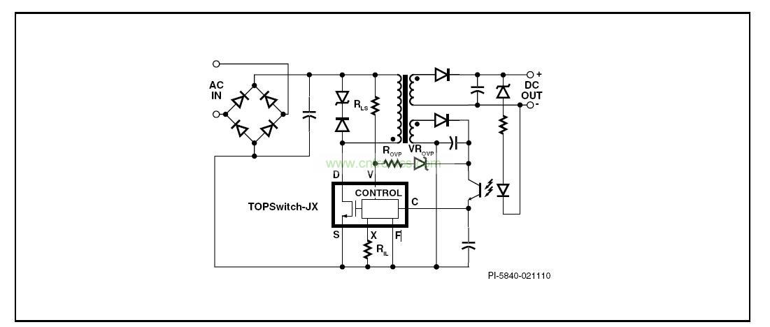 圖 1. 具有初級檢測的輸出過壓保護、輸入欠壓鎖存、輸入過壓關斷及可設定流限值功能的典型TOPSwitch-JX反激式電源