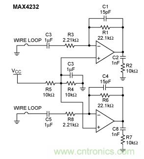 MAX4232雙運放的RF噪聲抑製能力測試電路