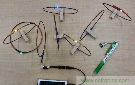 用來驗證&ldquo;直流共振方式&rdquo;的試製係統。在線圈間傳輸電力，點亮LED