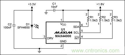 圖2：MAX44000典型電路，帶有發射器旁路