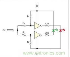 在雙門構成的CMOS/TTL兼容探頭中，R1至R4電阻網絡對反相器輸入端做偏置