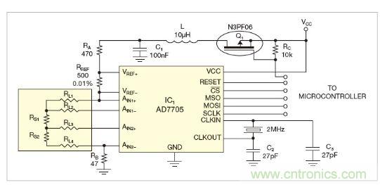 圖1：測量電路測三個點的值，微控製器就可以計算出傳感器值