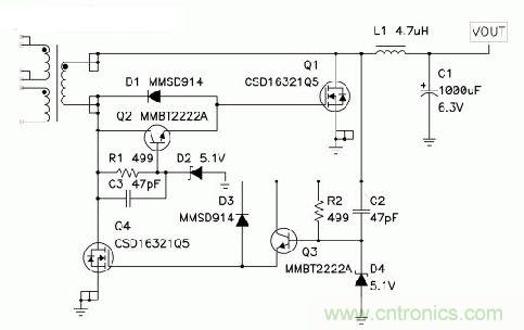圖5 ：D2和D4限製了該同步正向驅動器中正柵極電壓