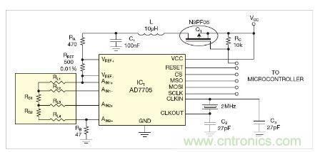 圖1：測量電路測三個點的值，微控製器就可以計算出傳感器值。