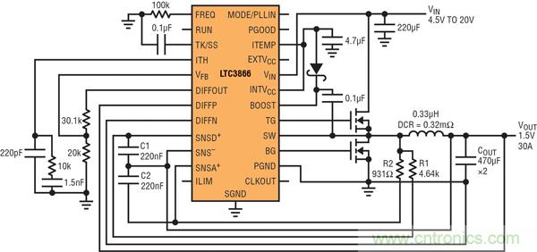 圖2：以非常低的DCR完成采樣的高效率、1.5V/30A降壓型轉換器