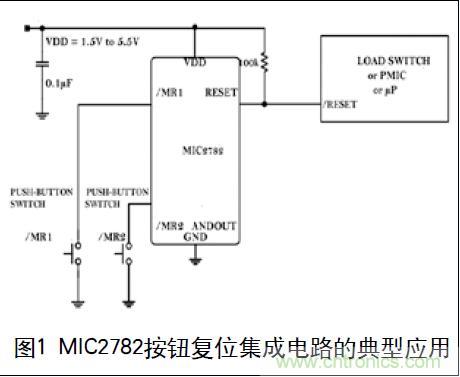 圖1 MIC2782按鈕複位集成電路的典型應用