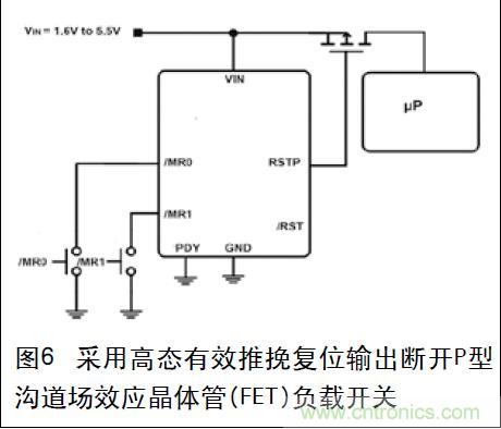 圖6 采用高態有效推挽複位輸出斷開P型溝道場效應晶體管(FET)負載開關