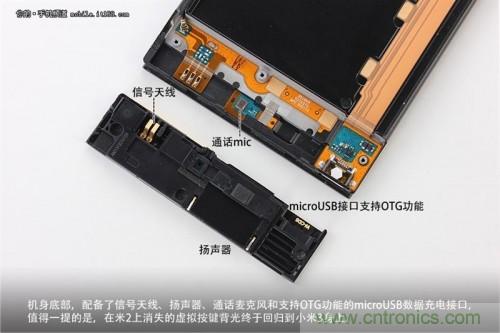 信號天線、揚聲器、麥克風以及支持OTG功能的Micro USB接口均位於底部