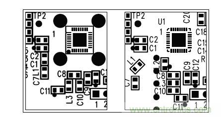  圖中所示為兩種不同的PCB布局，其中一種布局的元件排列方向不合理（L1和L3），另一種的方向排列則更為合適。