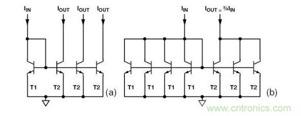 （a） 多級電流鏡 （b） 非整數比例電流鏡可將3個T2集電極結合起來，得到3IIN