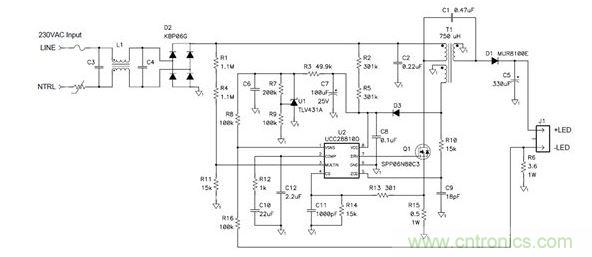 該拓撲不僅可提供良好功率因數，而且還符合EN61000-3-2C類標準