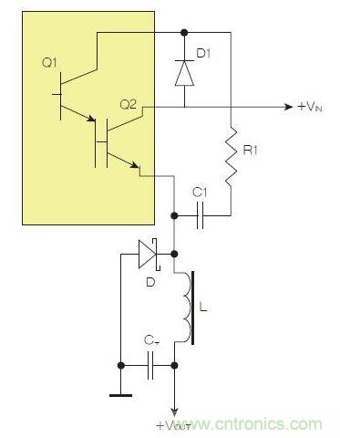 為了實現用兩個元器件提升電源轉換效率，芯片上應有針對驅動器晶體管Q1集電極的單獨引腳。