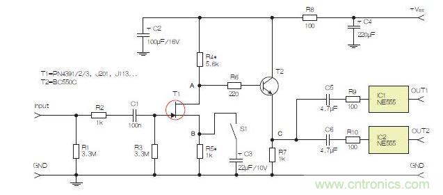 所示電路采用兩個工作在不同頻率下的555定時器，以獲取不同的音