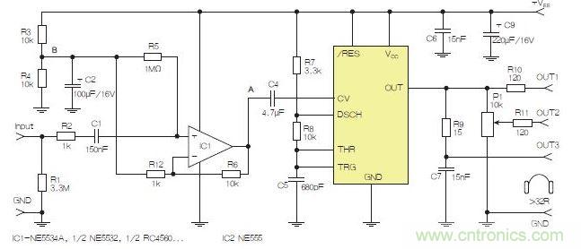 含運算放大器和NE555定時器的耳機和音頻線路驅動器。也可以使用CMOS版本(如LMC555)，但輸出電流較低。其優點為工作頻率較高。