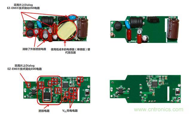 iW3688消除了20 多個外部元器件，降低BOM成本達20%~25%（左右分別為方案對比，上下為PCB正反麵）
