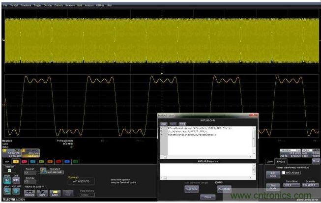 這個嵌入式MATLAB腳本用於解調調頻載波，並顯示調製波形。編輯框允許用戶不離開示波器環境就能完成腳本的創建或編輯。