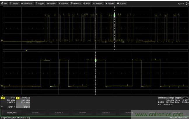 使用CustomDSO運行VB腳本&ldquo;zoom_Track.lss&rdquo;。當腳本運行時，縮放波形的中心將跟蹤水平的光標絕對位置。從圖中可以看出，光標將永遠位於縮放波形Z1的中心