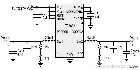 17V輸入、雙路1A輸出的同步降壓型穩壓器