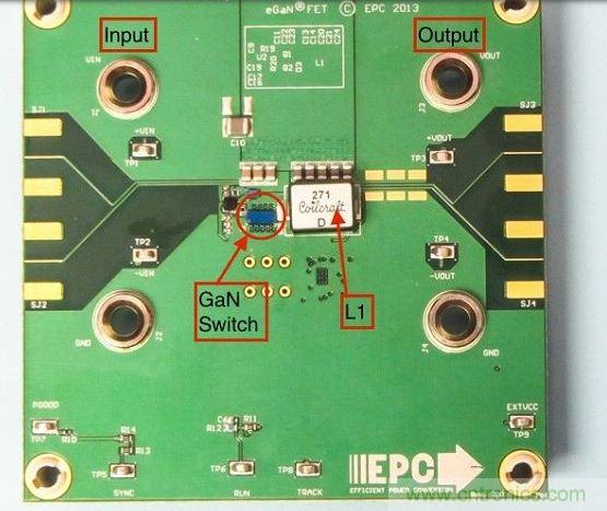 演示板用於顯示GaN的EMI。該GaN組件被圈定，我會在L1左側測量切換的波形。
