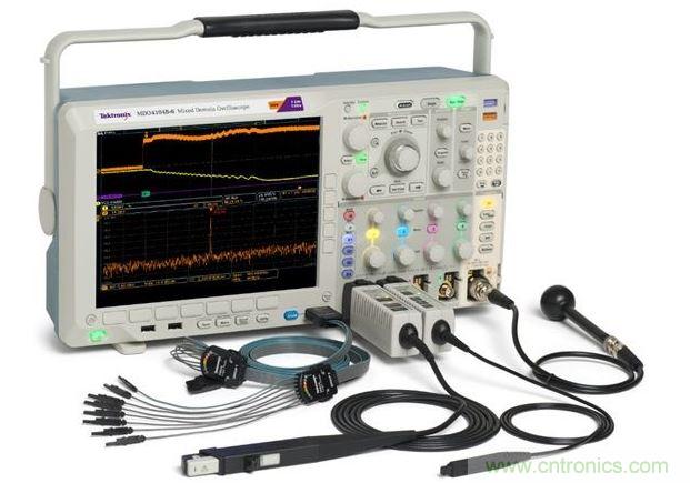 混合域示波器(MDO)將頻譜分析儀、示波器和邏輯分析儀組合在一台儀表內，可以從全部三台儀器中產生同步的而且與時間關聯的測量結果。圖中顯示的是泰克公司的MDO4000B。