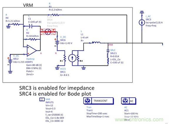圖5：簡化後的狀態空間平均模型顯示了誤差放大器電路、功率級跨導和輸出電容。