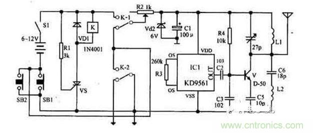 【導讀】隨sui著zhe環huan保bao意yi識shi的de增zeng強qiang，電dian動dong車che已yi大da量liang進jin入ru我wo們men家jia庭ting，成cheng為wei部bu分fen人ren必bi不bu可ke少shao的de交jiao通tong工gong具ju。如ru何he防fang止zhi電dian動dong車che被bei盜dao則ze是shi車che主zhu十shi分fen關guan心xin的de問wen題ti，為wei此ci，出chu現xian了le各ge類lei電dian動dong車che防fang盜dao鎖suo。除chu此ci之zhi外wai呢ne？還hai有you什shen麼me好hao的de方fang法fa防fang盜dao呢ne？我wo們men為wei大da家jia介jie紹shao一yi款kuan電dian動dong車che防fang盜dao報bao警jing器qi電dian路lu圖tu。  各ge類lei電dian動dong車che防fang盜dao鎖suo大da量liang湧yong出chu，但dan是shi，電dian動dong車che被bei盜dao現xian象xiang仍reng層ceng出chu不bu窮qiong，較jiao高gao級ji的de電dian動dong車che防fang盜dao鎖suo在zai短duan時shi間jian內nei難nan以yi破po壞huai，盜dao賊zei便bian將jiang電dian動dong車che搬ban上shang其qi它ta車che輛liang上shang盜dao走zou，這zhe樣yang，再zai高gao級ji的de防fang盜dao鎖suo也ye顯xian得de無wu能neng為wei力li了le。鑒jian於yu此ci，我wo們men為wei大da家jia介jie紹shao一yi款kuan電dian動dong車che防fang盜dao報bao警jing器qi電dian路lu圖tu。 1 報警器發射機部分是由繼電器K和可控矽VS用來控製發射機電路的電源。IC1組成警聲信號電路。晶體管V及其外圍元件組成射頻振蕩電路，發射報警信號。  在等待狀態時，開關S1接通，而SB1斷開（即車頭鎖被鎖住），K就處在釋放狀態，報警發射機不工作。當車頭鎖被打開時（即SB1接通），VS被觸發導通，K吸合，接通發射機電源。SB1接通後，K-2的常開點將其自鎖，此時隻有斷開S1報警方能結束。在K動作時，其常閉觸點K-l斷開，切斷發動機點火電路。  接收機電路由TDA7010和開關功放TWH8778、TWH68組成。當IC2 收到報警信號時其互腳的高電平通過IC3經IC4放大由TWH15放出報警聲。但要考慮到頻率的穩定性，因為7010自身沒有頻率穩定電路，在工作時要多作檢測，最好用印製板和貼片元件。  按an上shang述shu操cao作zuo方fang法fa停ting放fang車che輛liang後hou，報bao警jing器qi即ji進jin入ru待dai報bao警jing狀zhuang態tai。在zai待dai報bao警jing期qi間jian，隻zhi要yao有you人ren無wu論lun用yong什shen麼me方fang法fa打da開kai車che頭tou鎖suo或huo搬ban移yi車che輛liang，都dou將jiang觸chu發fa報bao警jing器qi報bao警jing不bu停ting，並bing切qie斷duan發fa動dong機ji電dian源yuan使shi車che輛liang無wu法fa起qi動dong，直zhi至zhi車che主zhu人ren趕gan來lai將jiang點dian火huo鑰yao匙chi插cha入ru點dian火huo鎖suo內nei轉zhuan到dao關guan的de位wei置zhi，報bao警jing才cai能neng解jie除chu。