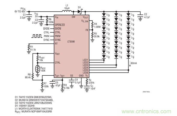 LED驅動器用於30個白光LED
