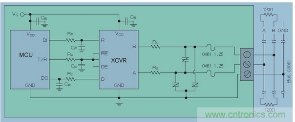 在高暴露環境中的RS-485總線的電路保護示意圖中，上圖類似&ldquo;Z&rdquo;字形的符號可代表多種過壓保護解決方案，包括Q2L係列SIDACtor保護晶閘管(圖7)。