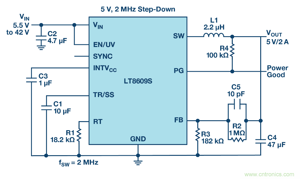 具 2.5 &mu;A 靜態電流和超低 EMI 輻射的 42 V、2 A/3 A 峰值同步降壓型穩壓器