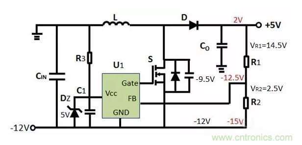 如何實現-12V輸入到+5V輸出?
