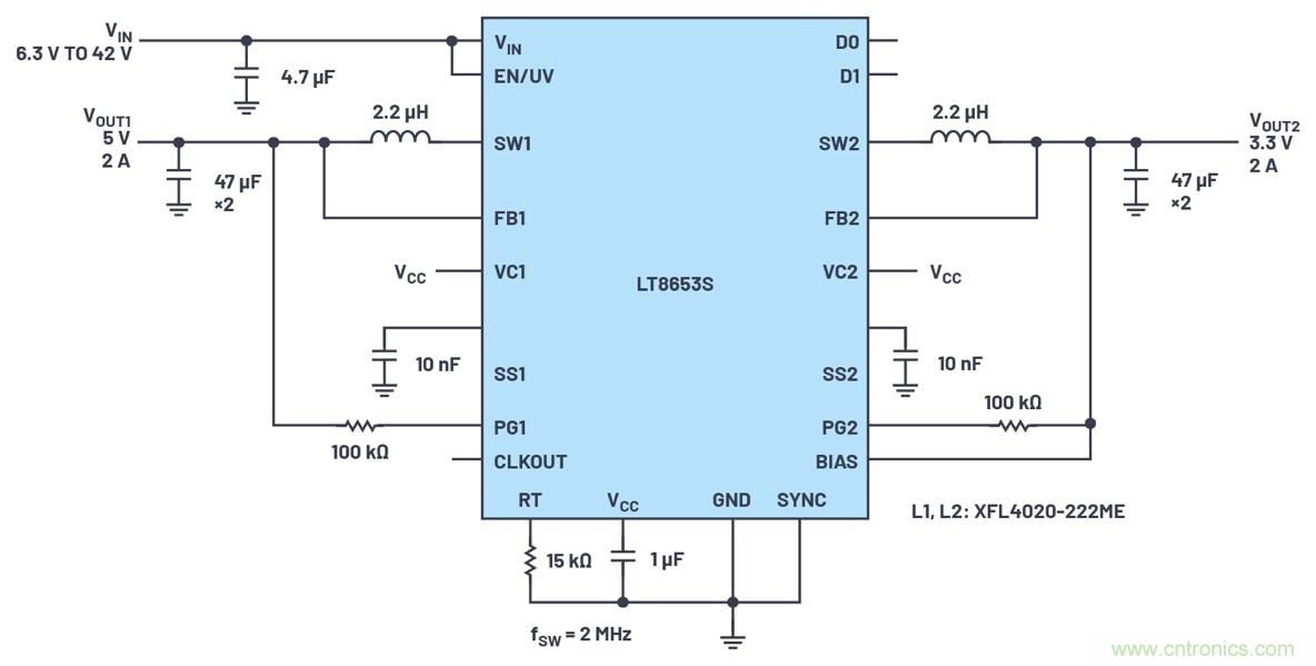 具有6.2 &micro;A靜態電流的雙通道、42 V、2 A、單片、同步降壓型Silent Switcher 2穩壓器