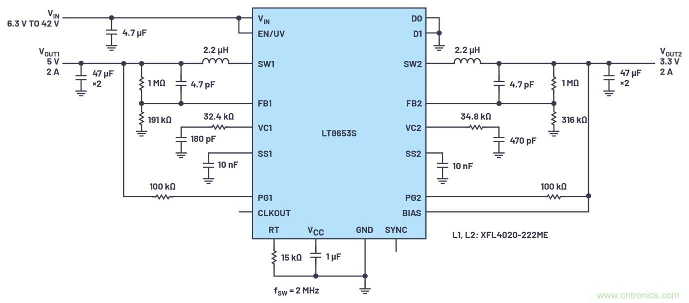 具有6.2 &micro;A靜態電流的雙通道、42 V、2 A、單片、同步降壓型Silent Switcher 2穩壓器