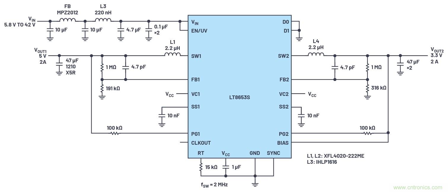 具有6.2 &micro;A靜態電流的雙通道、42 V、2 A、單片、同步降壓型Silent Switcher 2穩壓器