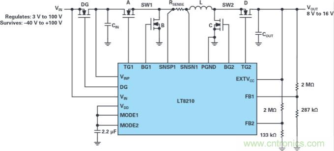 4開關降壓-升壓控製器，具備直通功能，可以消除開關噪聲